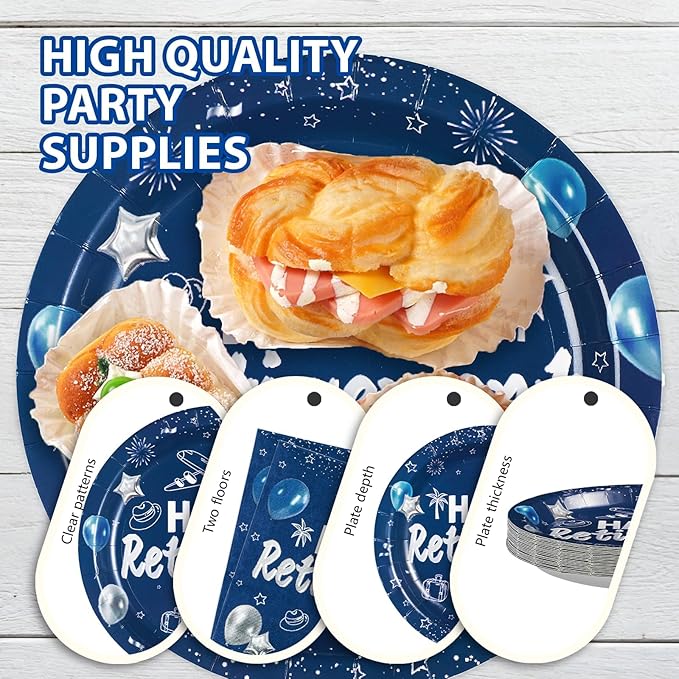 96Pcs Happy Retirement Party Supplies Blue and Silver Plates and