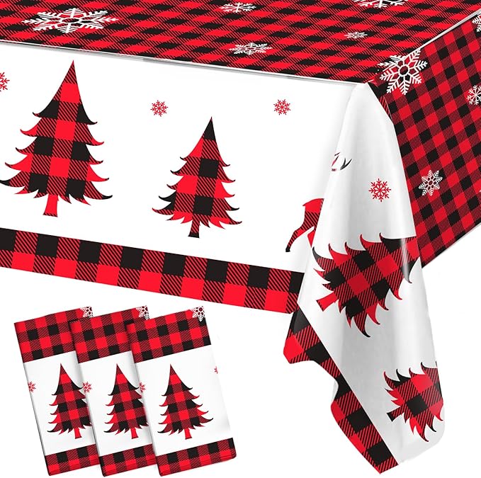 3PCS Christmas Tablecloth Red and Black Buffalo Plaid Rectangular