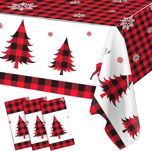 3PCS Christmas Tablecloth Red and Black Buffalo Plaid Rectangular