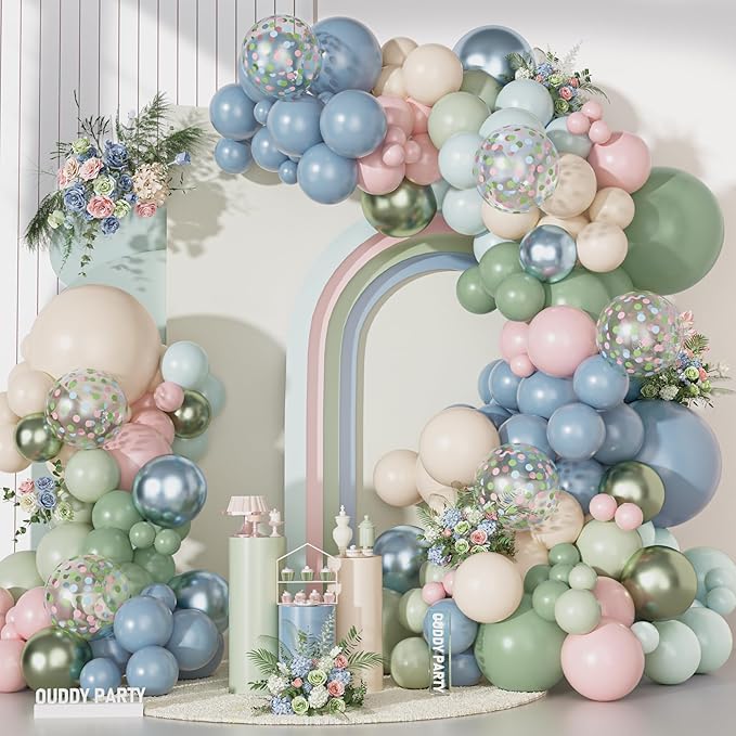 Ouddy Party Pink Dusty Blue Green Balloons Garland Arch Kit,