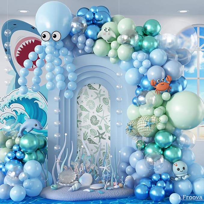 Under the Sea Balloons Garland Arch Kit, 123pcs Dusty Blue Teal