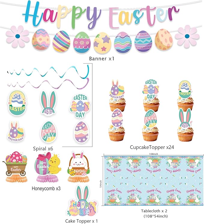 55PCS Easter Party Decorations Set Bunny Egg Banner Cake Toppers