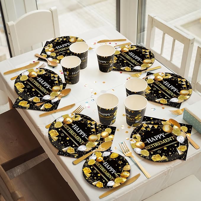 168 Pcs Retirement Party Supplies, Black Gold Happy Retirement Party