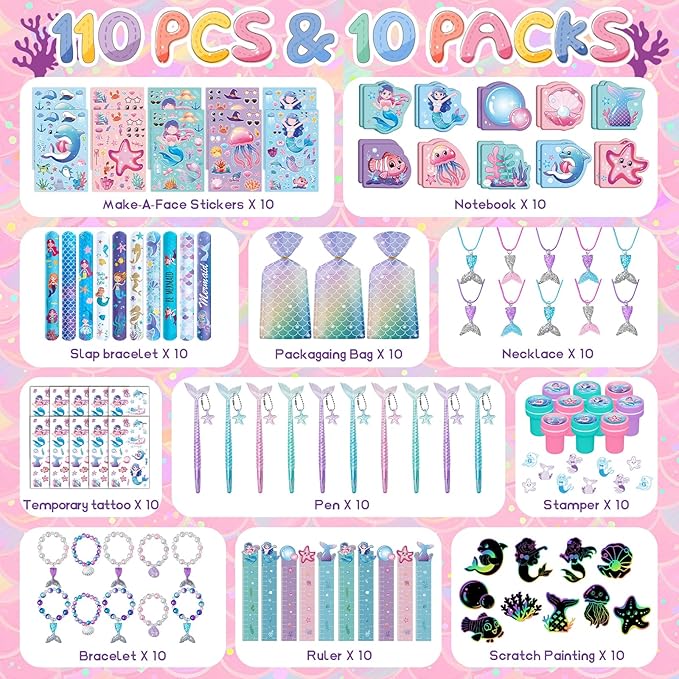 110Pcs Mermaid Party Favors Including Stampers Notebooks Mermaid