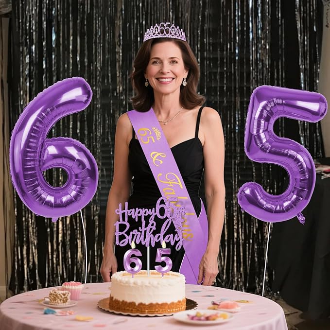 65th Birthday Decorations for Women Purple with 65th Birthday Sash