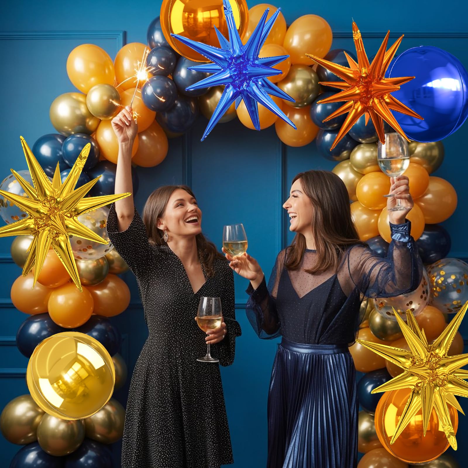 6Pcs Blue Orange Gold Foil Balloons,22Inch Orange Blue Gold 4D Round