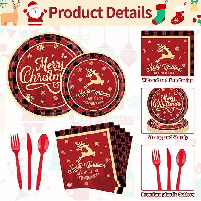 175 Pcs Merry Christmas Party Supplies Set Serves 25 Festive Red and
