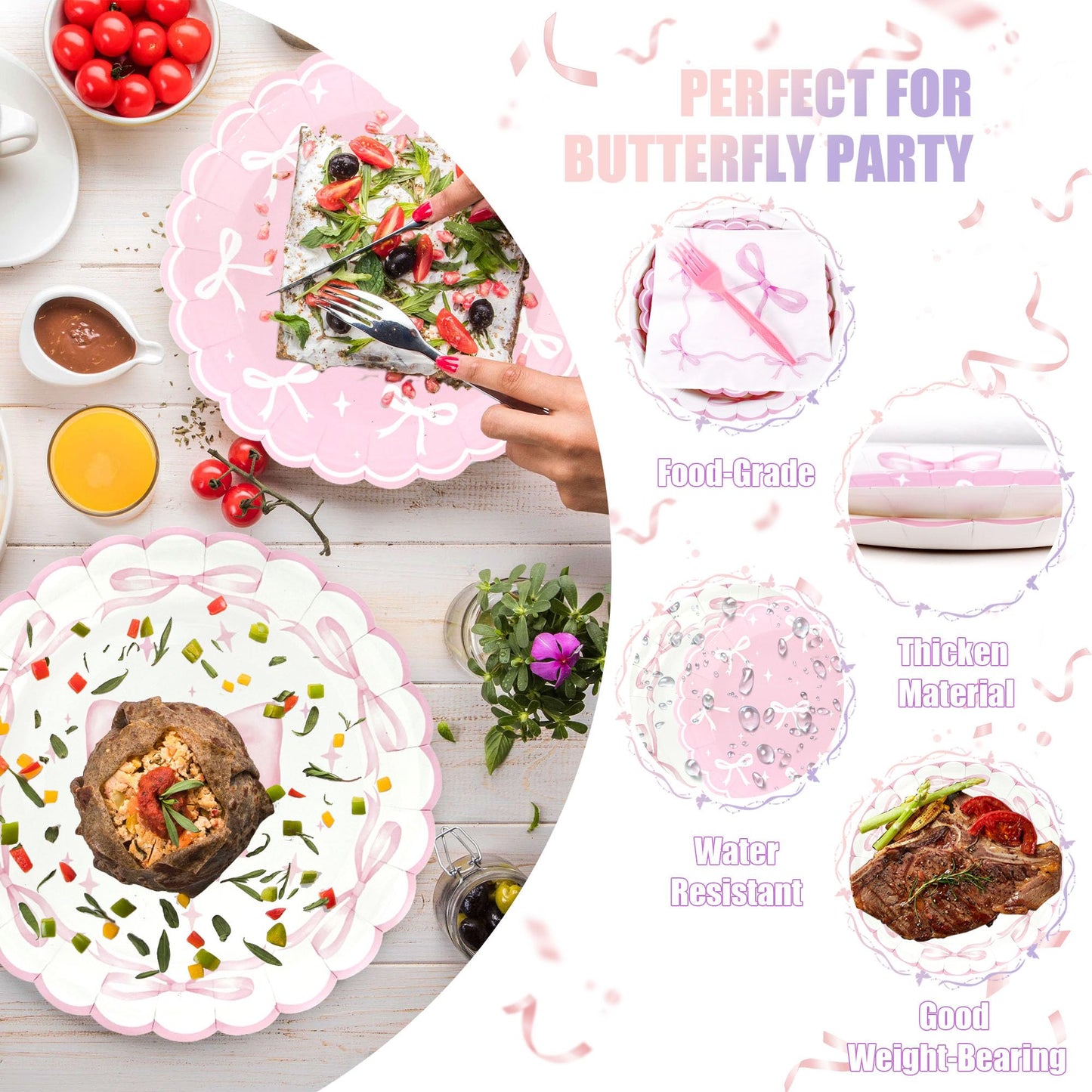 CANREVEL 96 PCS Bow Party Plates Serve 24, Bow Plates and Napkins