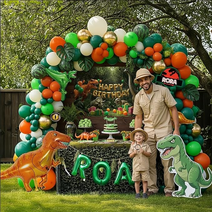 Dinosaur Birthday Decorations include Hunter Green Bunt Orange White