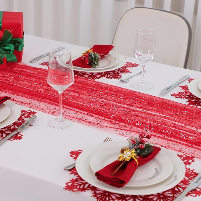Snowkingdom Red Christmas Table Runner 10 FT, Glitter Metallic Foil