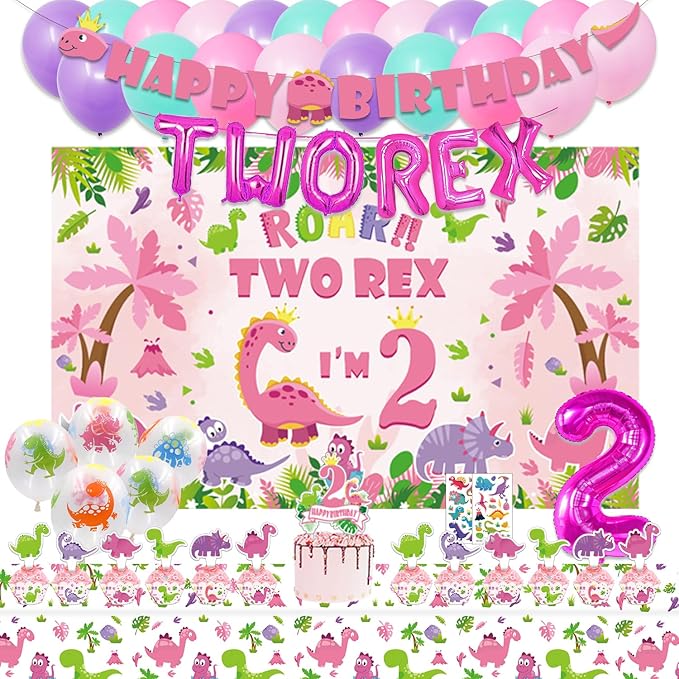 Dinosaur Birthday Party Supplies for 2 Year Old Girl Two Rex Pink