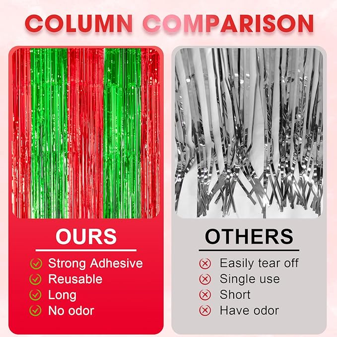 Voircoloria 3 Pack 3.3x8.2 Feet Red and Green Foil Fringe Backdrop
