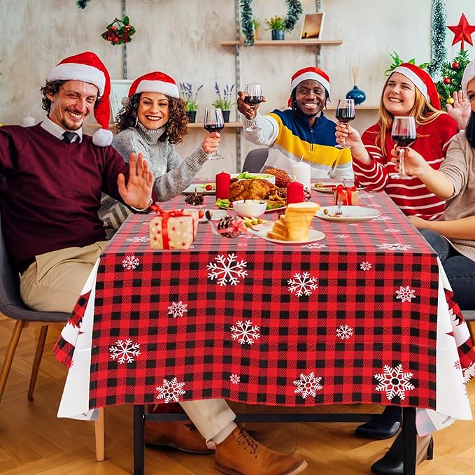 3PCS Christmas Tablecloth Red and Black Buffalo Plaid Rectangular