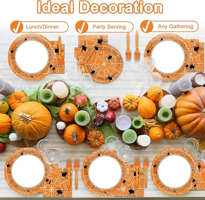 100 Pcs Spiderweb Party Plates and Napkins Black and White Halloween