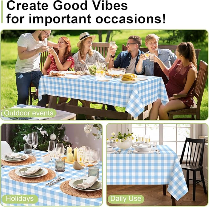 QIKSION Light Blue Gingham Tablecloth Disposable 6 Pack, 54 x 108