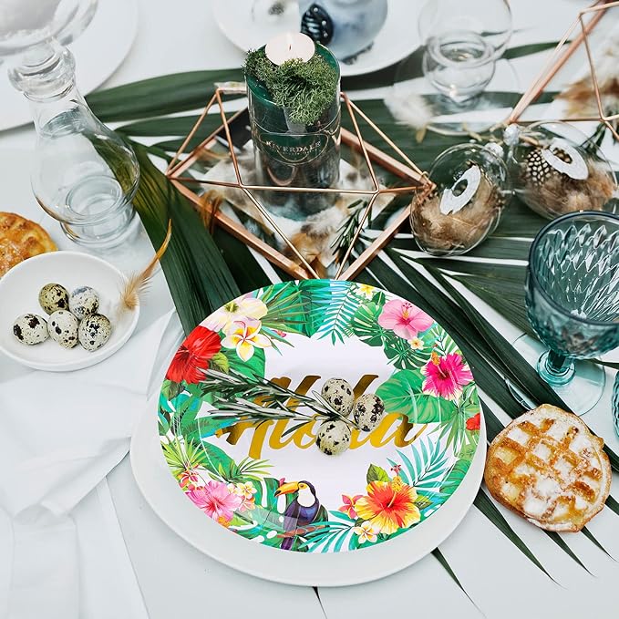 Paper Plates 9 Inch Disposable Tropical Hawaiian Luau Design 40Pcs