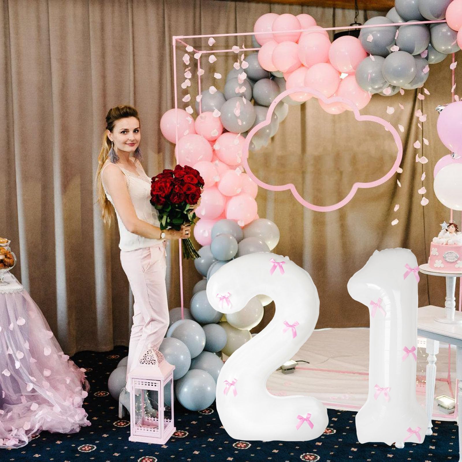 40 Inch White Number Balloons with Pink Bow Coquette Birthday White