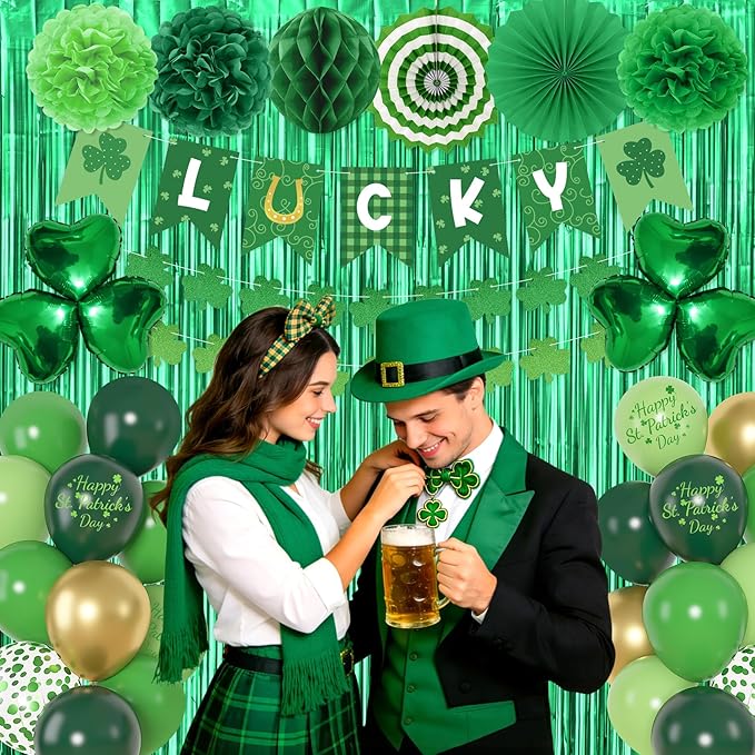 Green Party Decorations, Green Gold Printed Confetti Heart Balloons