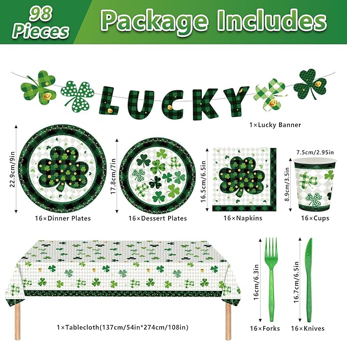 98PCS St Patrick's Day Party Supplies Green Irish Shamrock Tableware