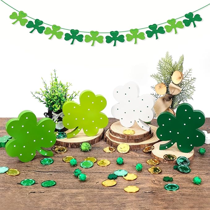 St Patricks Day Decor Wooden Shamrock Decor for Table Tiered Tray