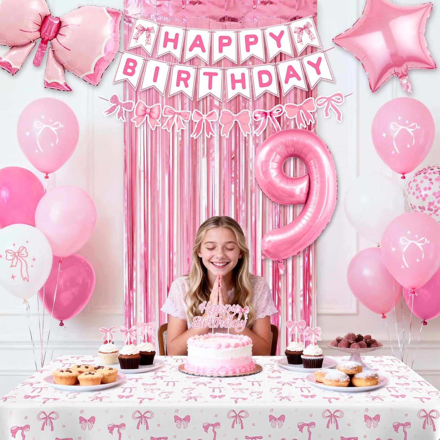 9th Pink Birthday Decorations for Girls, Pink Bow Coquette Birthday