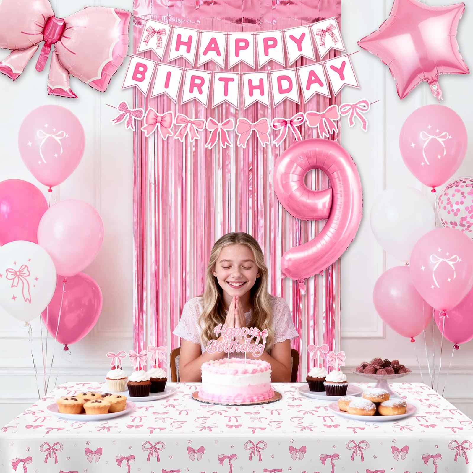 9th Pink Birthday Decorations for Girls, Pink Bow Coquette Birthday