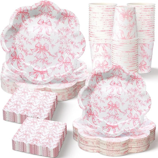 250 Pcs Pink Bow Paper Plates and Napkins Coquette Valentine's Day