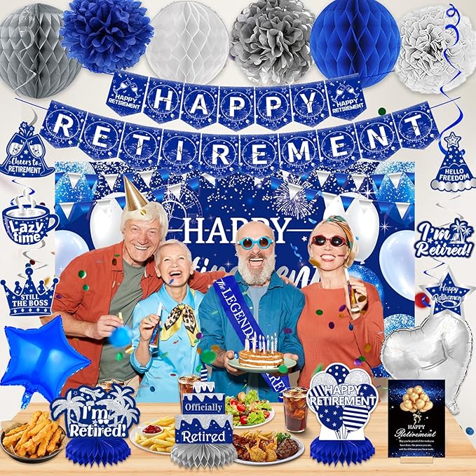 Happy Retirement Party Decorations for Men Women Blue Silver Happys