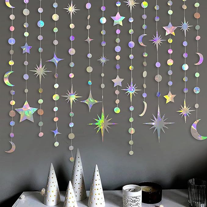 Iridescent Star Moon Circle Dot Garland Party Decoration Kit Hanging