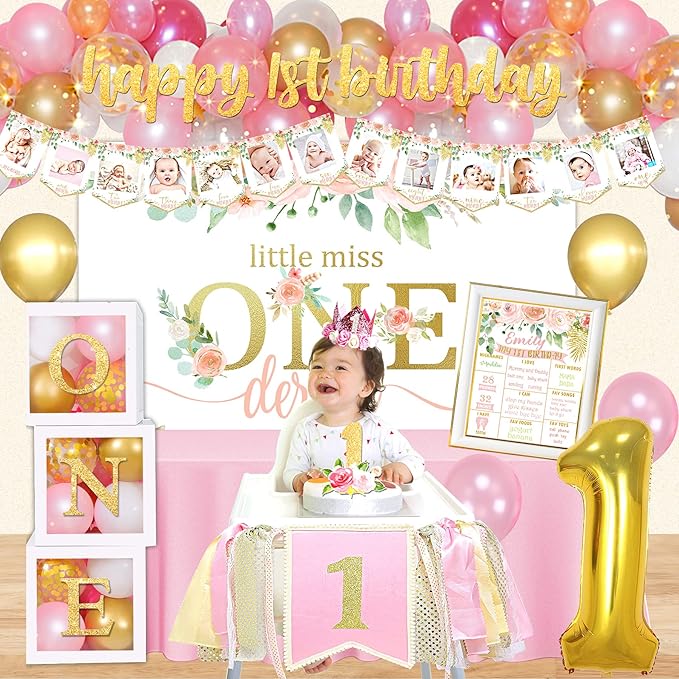 Baby Girl 1st Birthday Decorations Balloon Boxes Backdrop High Chair