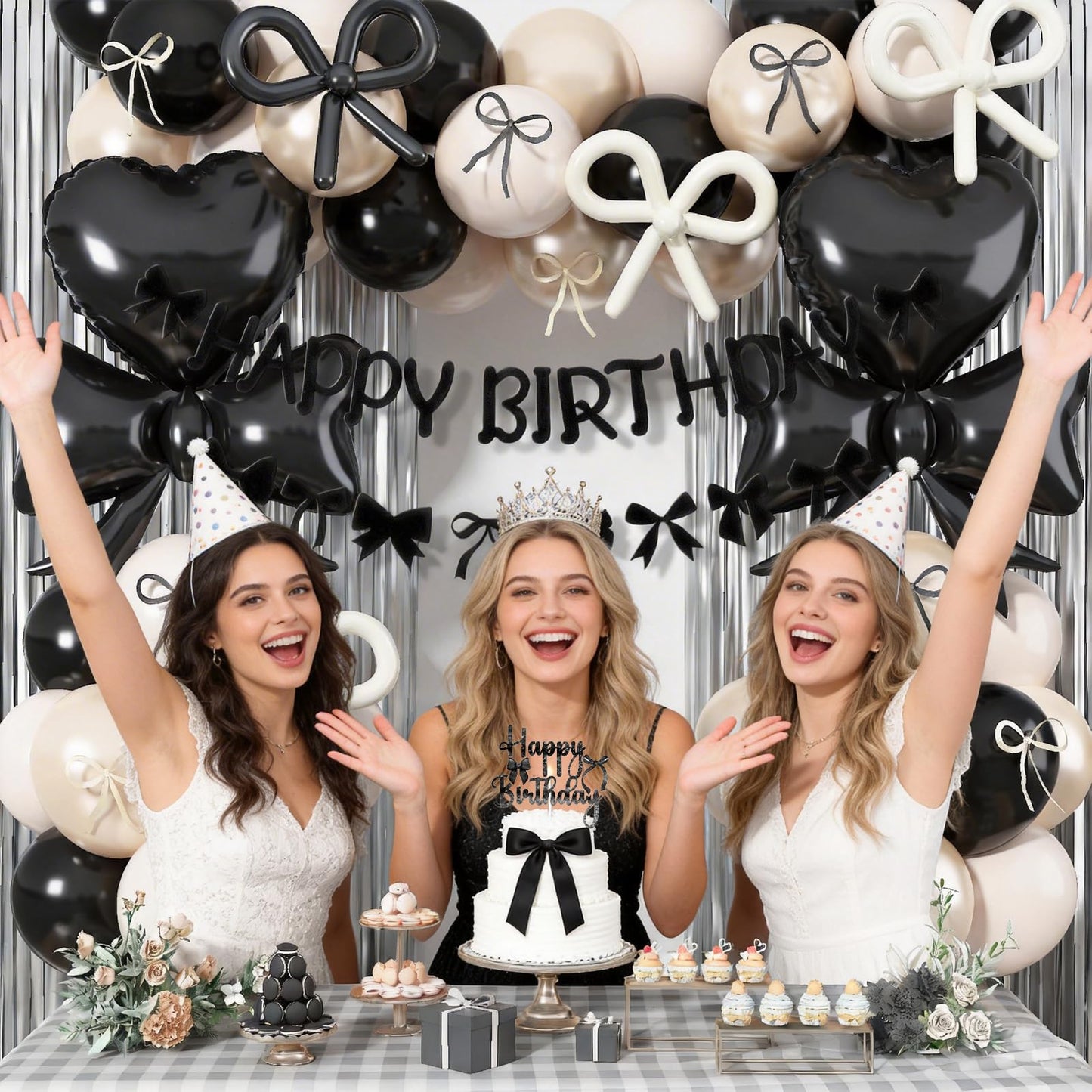 Black Bow Birthday Party Decorations, Coquette Bow Black Sand White