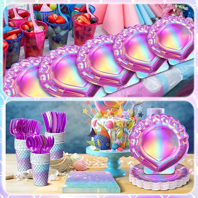 144 Pcs Iridescent Pink Mermaid Party Birthday Supplies Paper