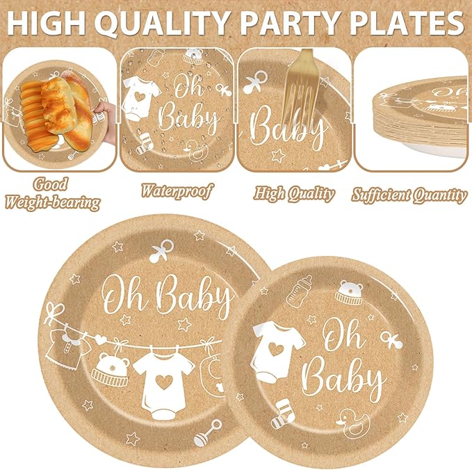 96Pcs Neutral Baby Shower Party Decorations Boho Baby Plates and