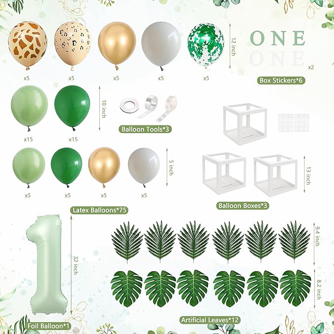 Wild One Birthday Decorations for Boys & Girls 114 Pcs Green Safari
