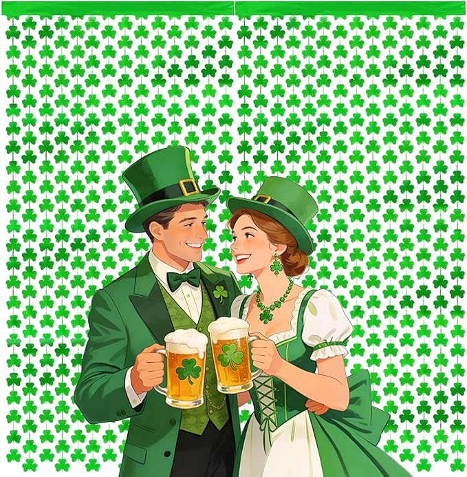 2 Pack St Patrick's Day Clover Streamers Curtains 3.3x6.6ft Green
