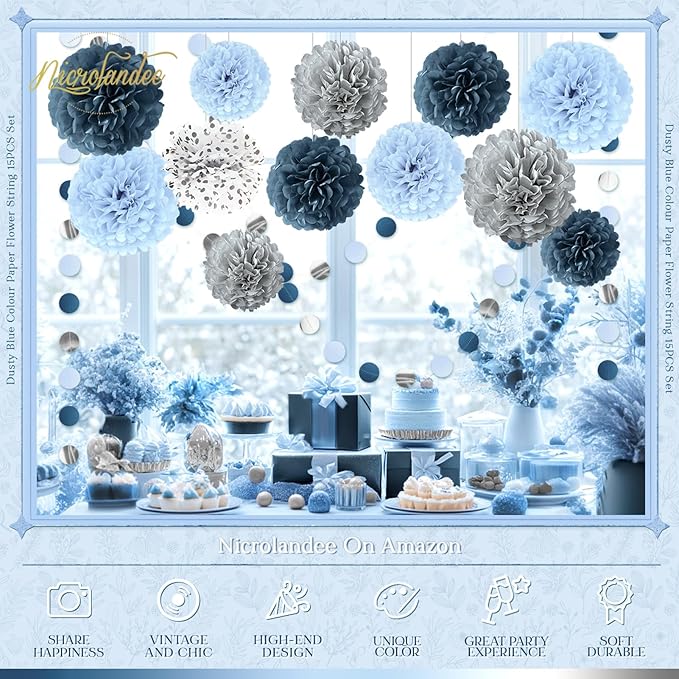 Dusty Blue Wedding Decorations 15 PCS Tissue Pom Poms Paper Garland