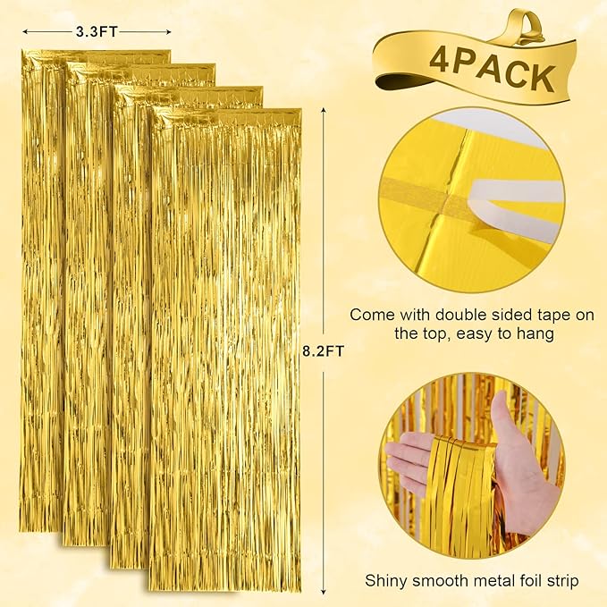 Voircoloria 4 Pack Gold Foil Fringe Backdrop Curtains, Tinsel
