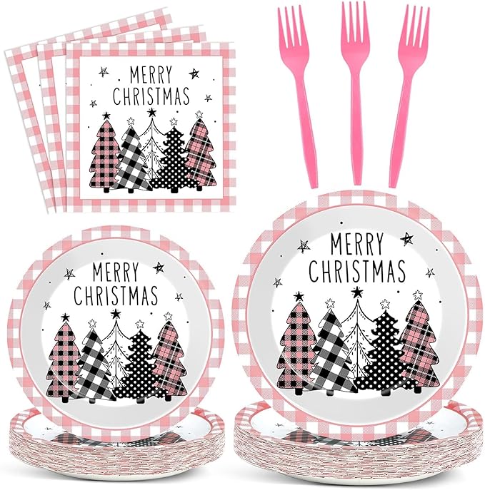 96PCS Merry Christmas Tree Party Plates and Napkins Pink Gingham