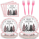 96PCS Merry Christmas Tree Party Plates and Napkins Pink Gingham