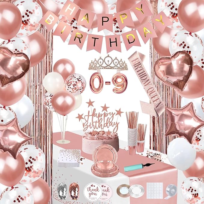 263 Pcs Rose Gold Birthday Decorations for Women All Ages Party
