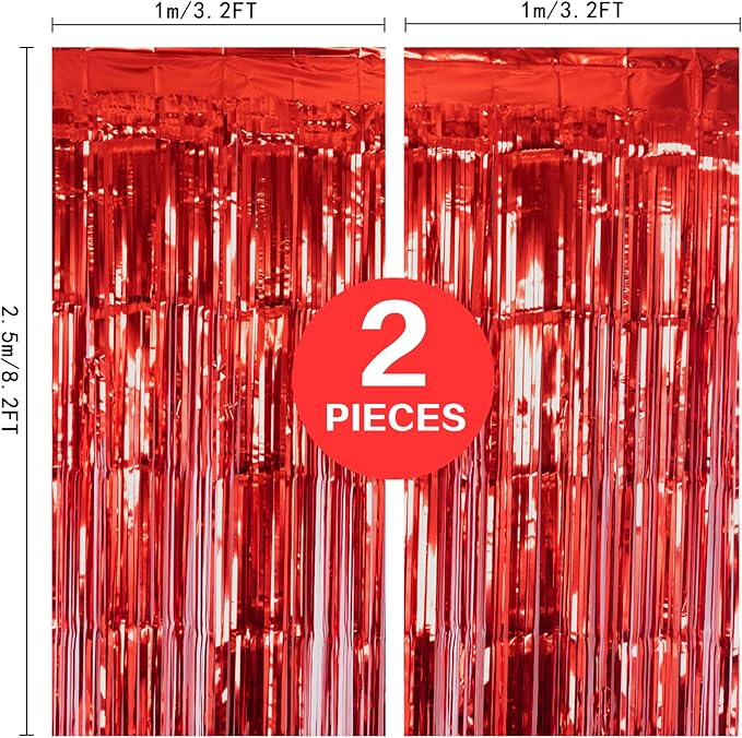 2 Pack Red Metallic Tinsel Foil Fringe Curtain, 3.2Ft x 8.2Ft Tinsel