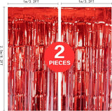2 Pack Red Metallic Tinsel Foil Fringe Curtain, 3.2Ft x 8.2Ft Tinsel