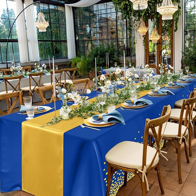Breling 8 Pack Navy Blue and Gold Disposable Plastic Tablecloths and