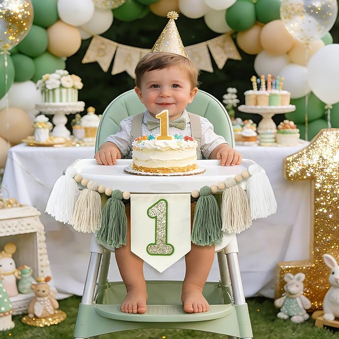 Wild One 1st Green White Highchair Banner Handmade Wood Bead Tassel