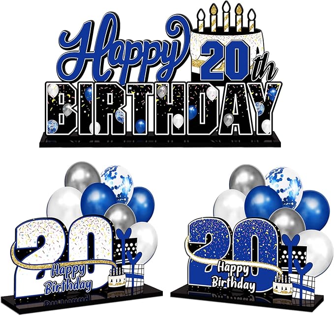 LINGTEER Happy 20th Birthday Blue Acrylic Table Topper Centerpieces