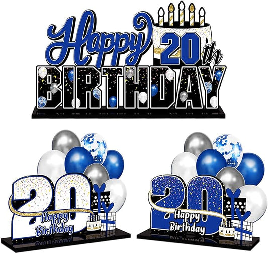 LINGTEER Happy 20th Birthday Blue Acrylic Table Topper Centerpieces