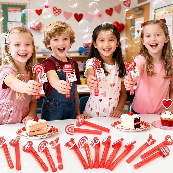 Valentines Party Favors for Kids Mini Bubble Wands Bulk with Card 24
