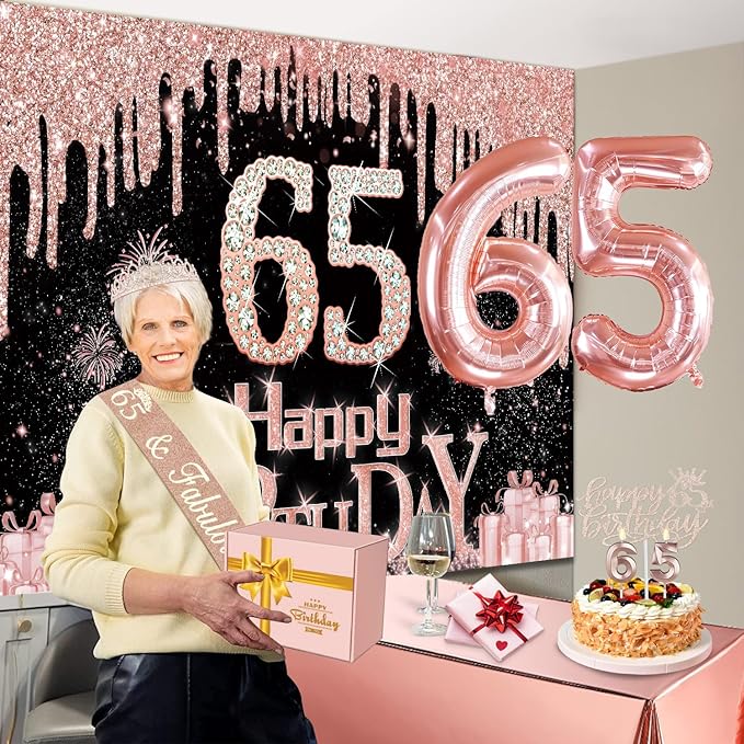 65th Birthday Decorations for Women with Banner Rose Gold Tablecloth