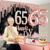 65th Birthday Decorations for Women with Banner Rose Gold Tablecloth