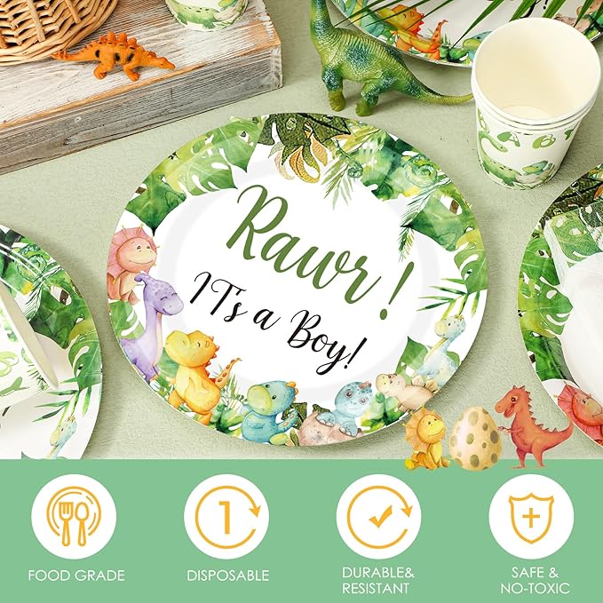 200 Pcs Dinosaur Baby Shower Paper Plates Napkins Cups Baby Shower